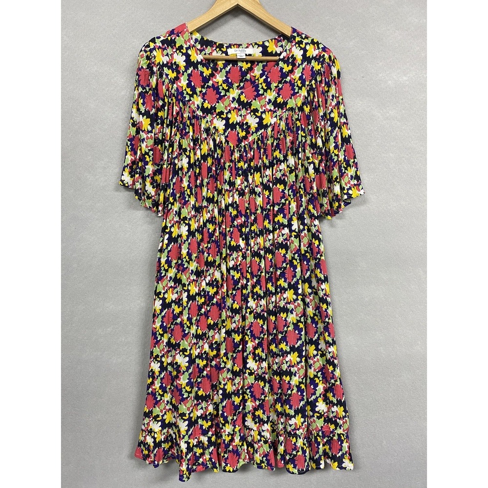 Go Softly Patio Women’s Dress L Floral Crinkle Curtain Sleeves V Neck Pockets